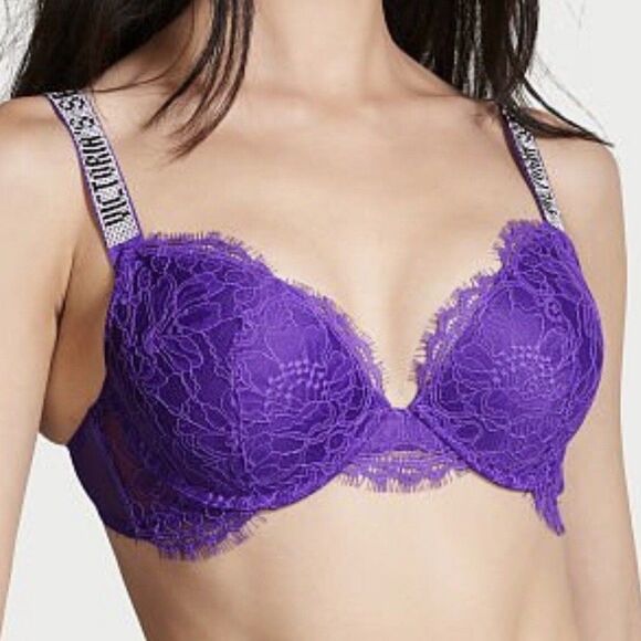 Victoria's Secret Other - Victoria's Secret Bombshell Bling Shine Strap Add-2-Cups Push-up Bra Violet Lace